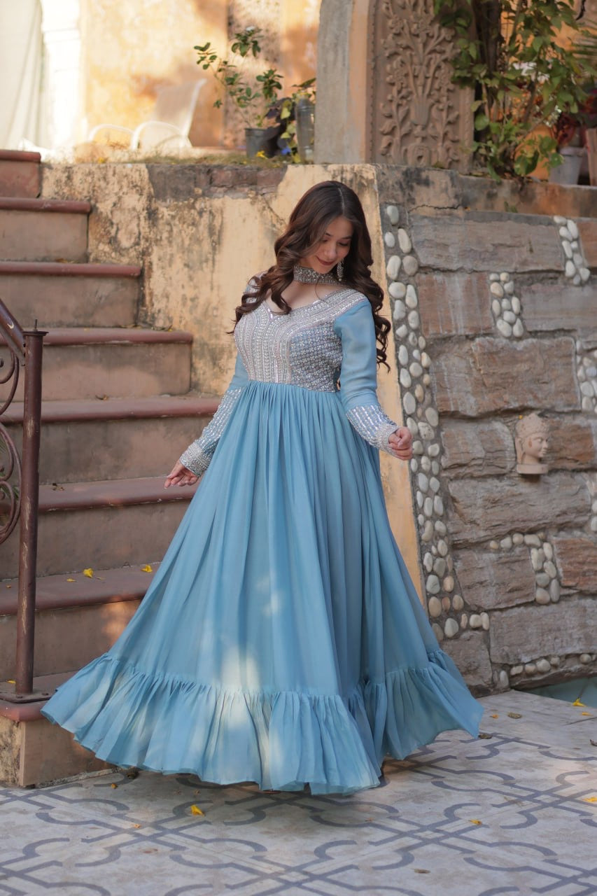 SKY COLOR STAR GEORGETTE EMBROIDERED GOWN