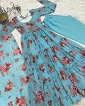 SKY BLUE FLORAL 3-LAYER GEORGETTE GOWN WITH DUPATTA