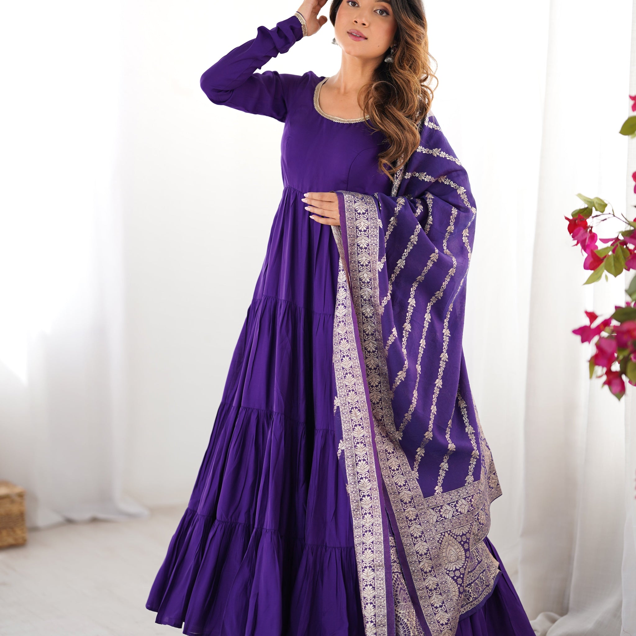 PURPLE ROMAN SILK FOUR-LAYER ANARKALI GOWN SET