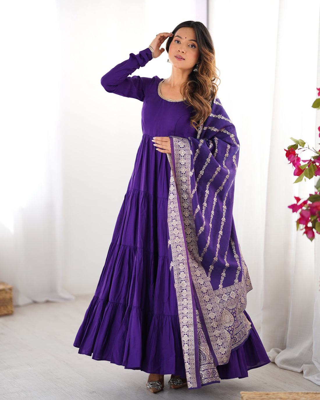 PURPLE ROMAN SILK FOUR-LAYER ANARKALI GOWN SET