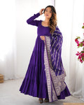 PURPLE ROMAN SILK FOUR-LAYER ANARKALI GOWN SET
