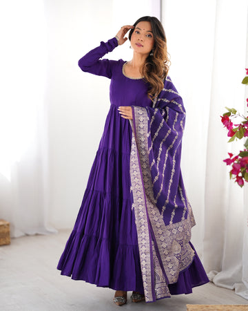 PURPLE ROMAN SILK FOUR-LAYER ANARKALI GOWN SET