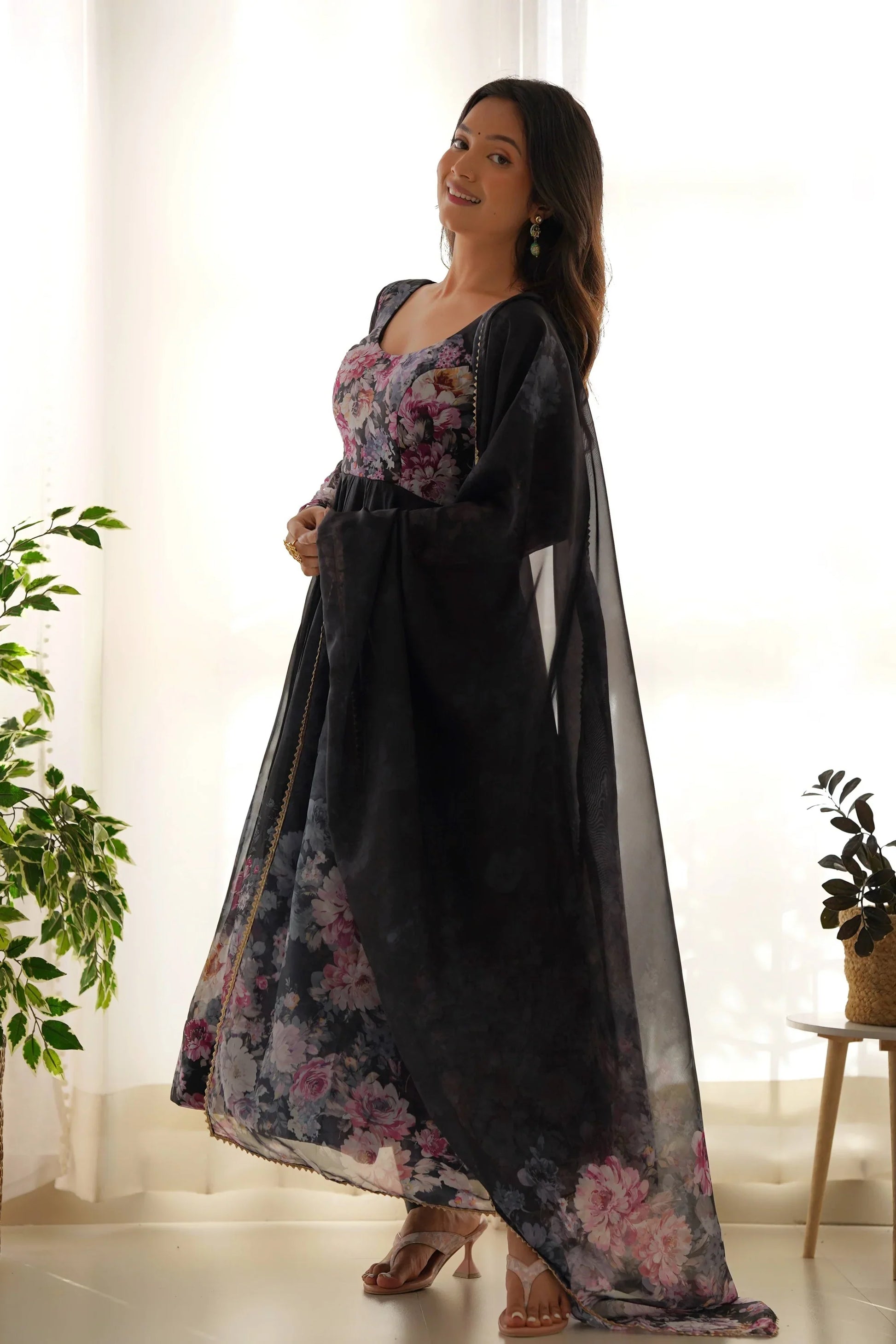 SOPHISTICATED BLACK ORGANZA SILK ANARKALI SUIT SET - PERFECT CHOICE