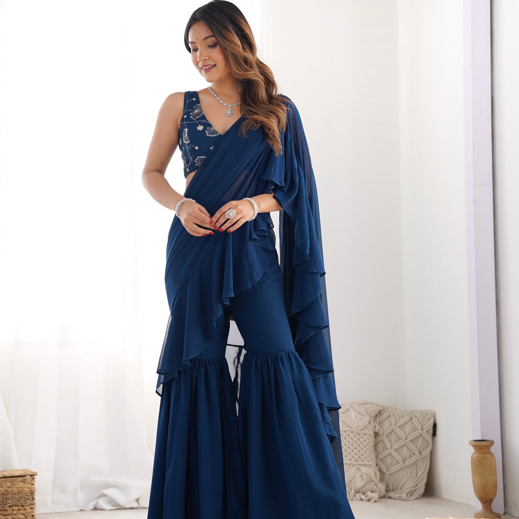 TEAL BLUE COLOR FAUX GEORGETTE FANCY SHARARA SAREE