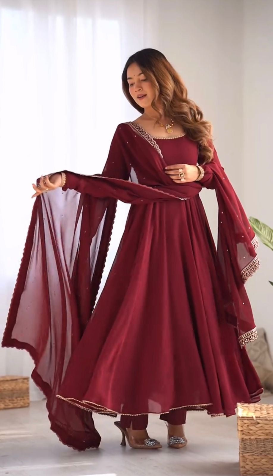 MAROON COLOR GEORGETTE BASE EMBROIDERY WORK ANARKALI SUIT SET OF 3