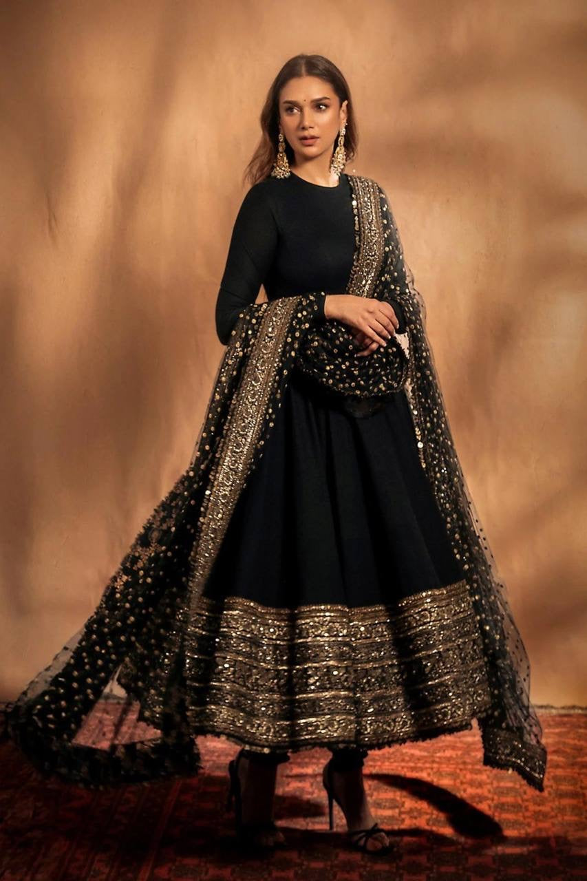 ADITI RAO-INSPIRED BLACK RAYON EMBROIDERED ANARKALI SUIT SET