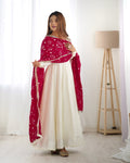 WHITE VICHITRA SILK ANARKALI SUIT WITH RANI PINK HEAVY DUPATTA