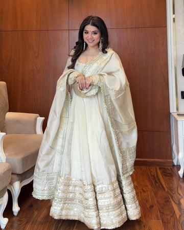 NEHA BHANDARI ELEGANT WHITE CHINON ANARKALI SUIT SET