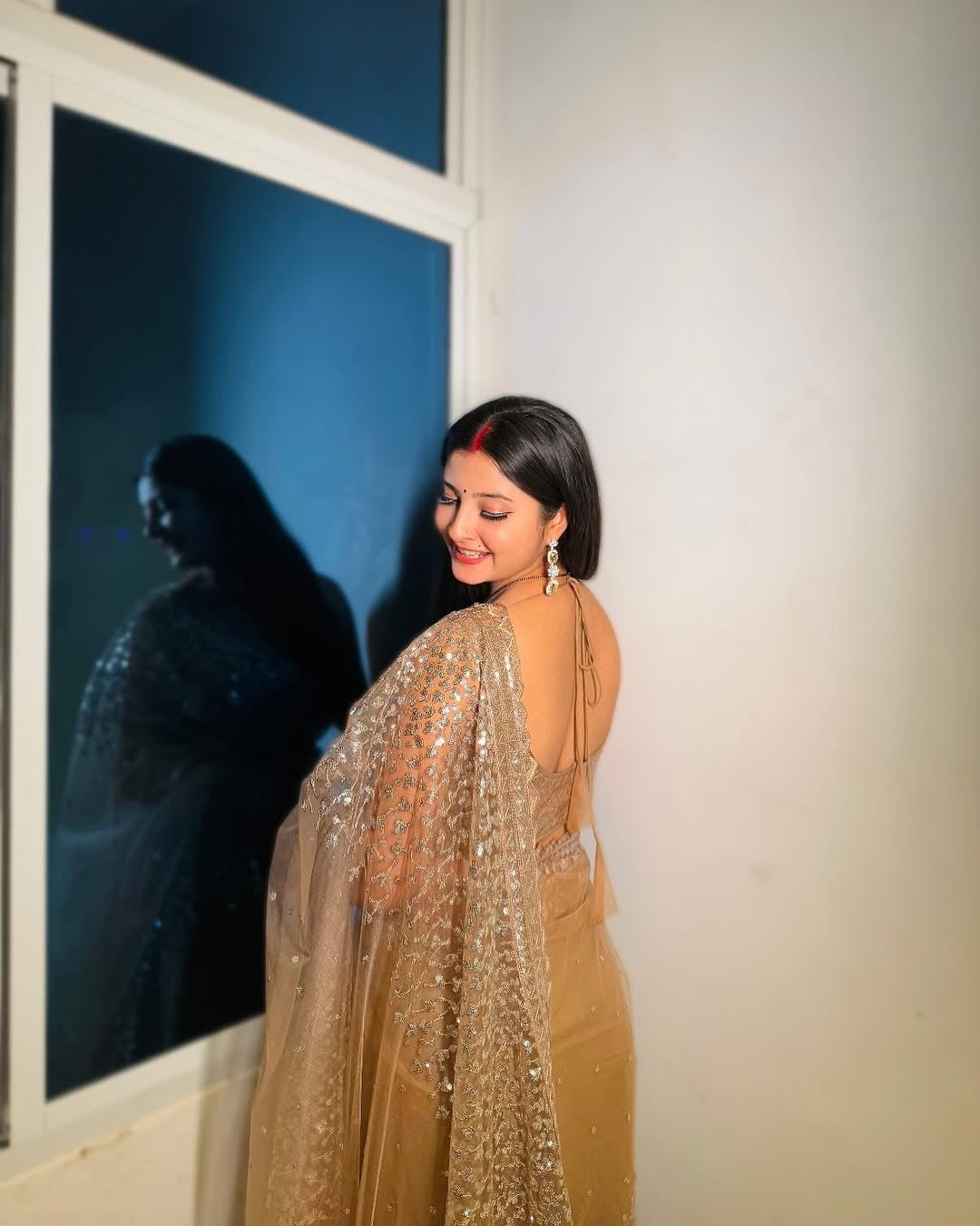 KRITIKA SINGH IN GOLDEN SOFT NET BEAUTIFUL DESIGNER SAREE