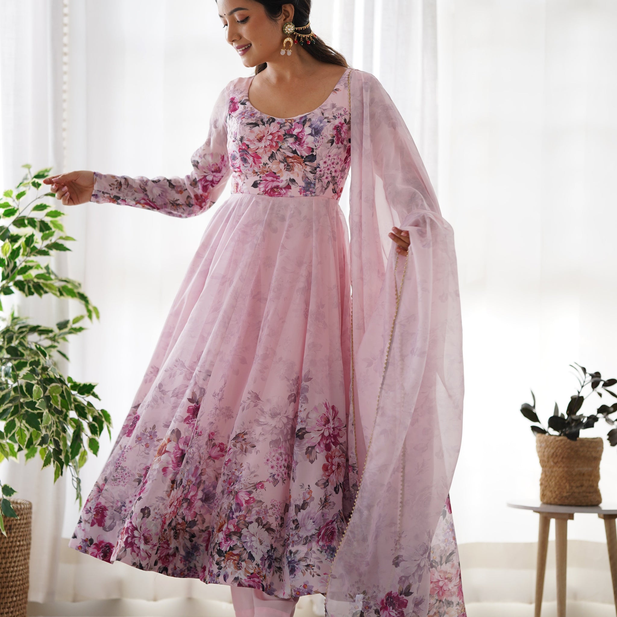 TRENDY PINK FLORAL ANARKALI SUIT SET WITH DUPATTA - MODERN & BEAUTIFUL