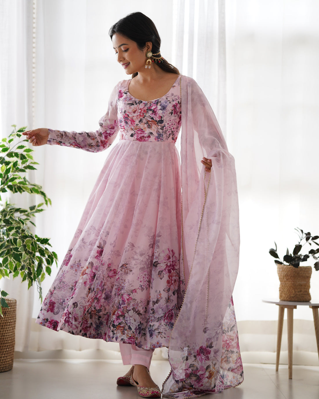 TRENDY PINK FLORAL ANARKALI SUIT SET WITH DUPATTA - MODERN & BEAUTIFUL