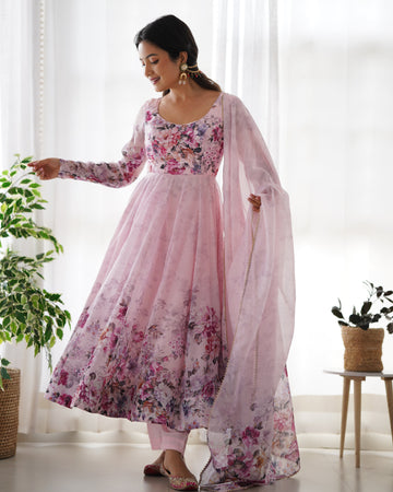 TRENDY PINK FLORAL ANARKALI SUIT SET WITH DUPATTA - MODERN & BEAUTIFUL