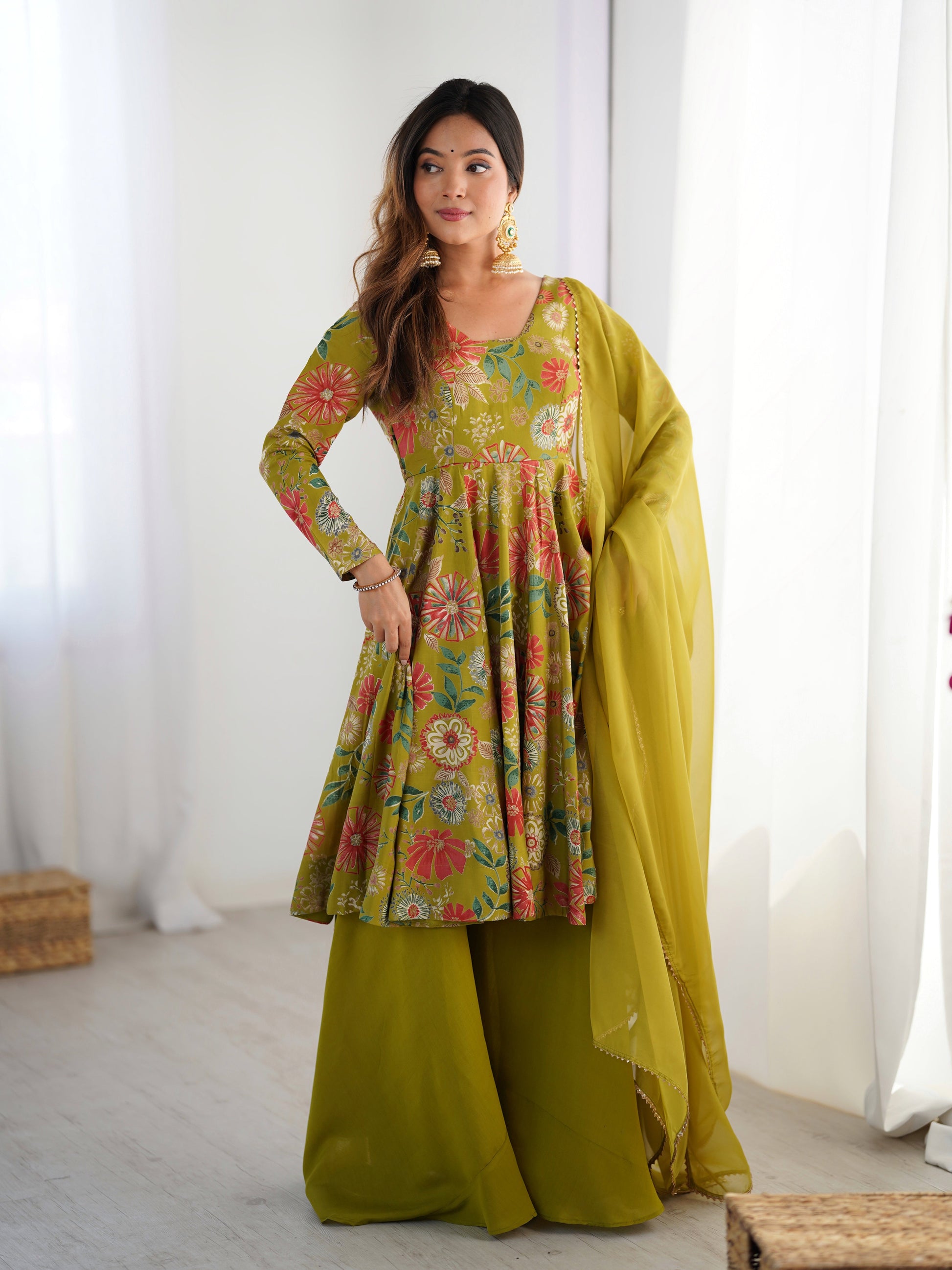 MEHENDI GREEN COLOR ROMAN SILK BASE PRINTED PLAZZO SUIT SET OF 3