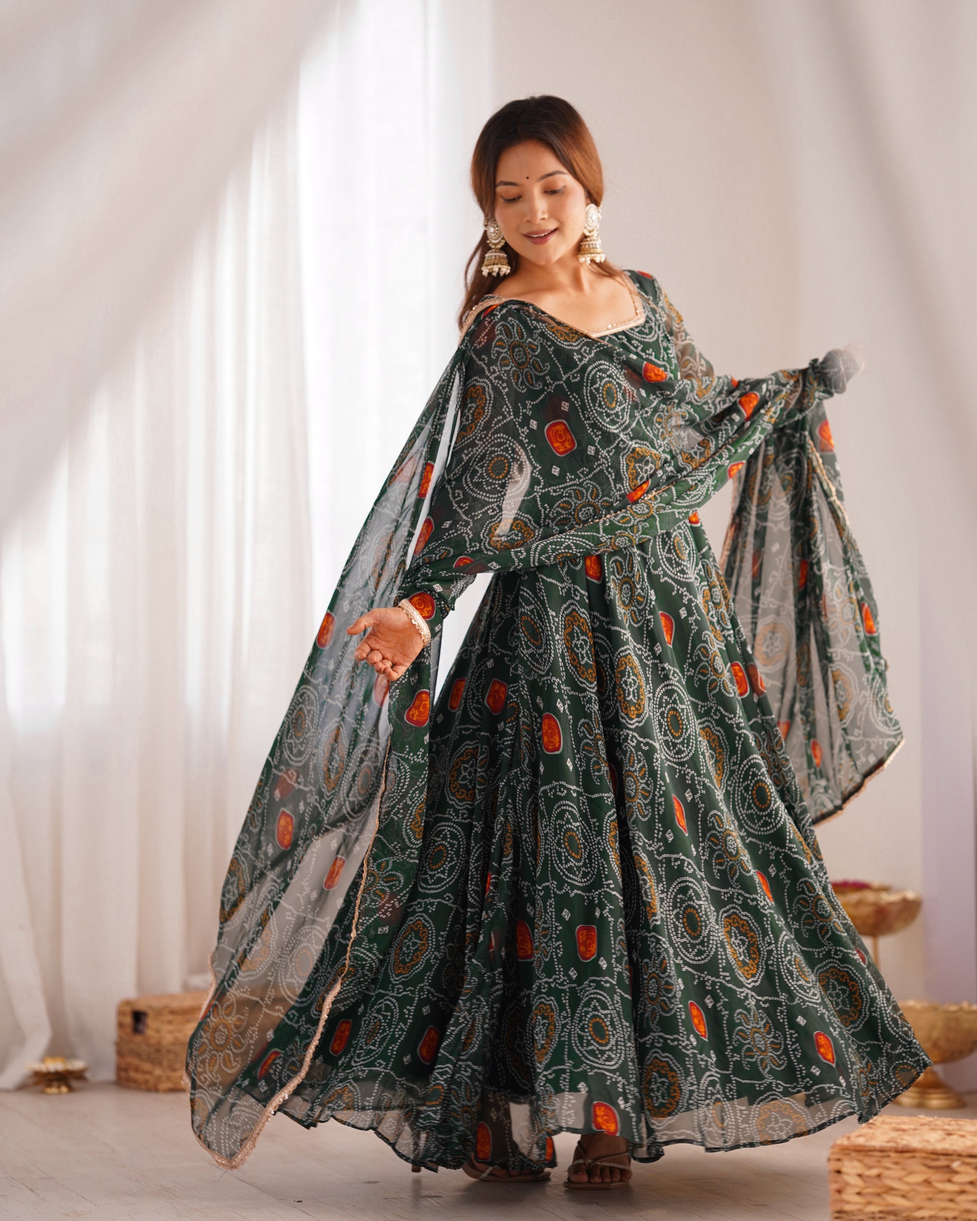 FLORAL GREEN COLOR BANDHANI PRINT SOFT CHIFFON THREE PIECE ANARKALI GOWN