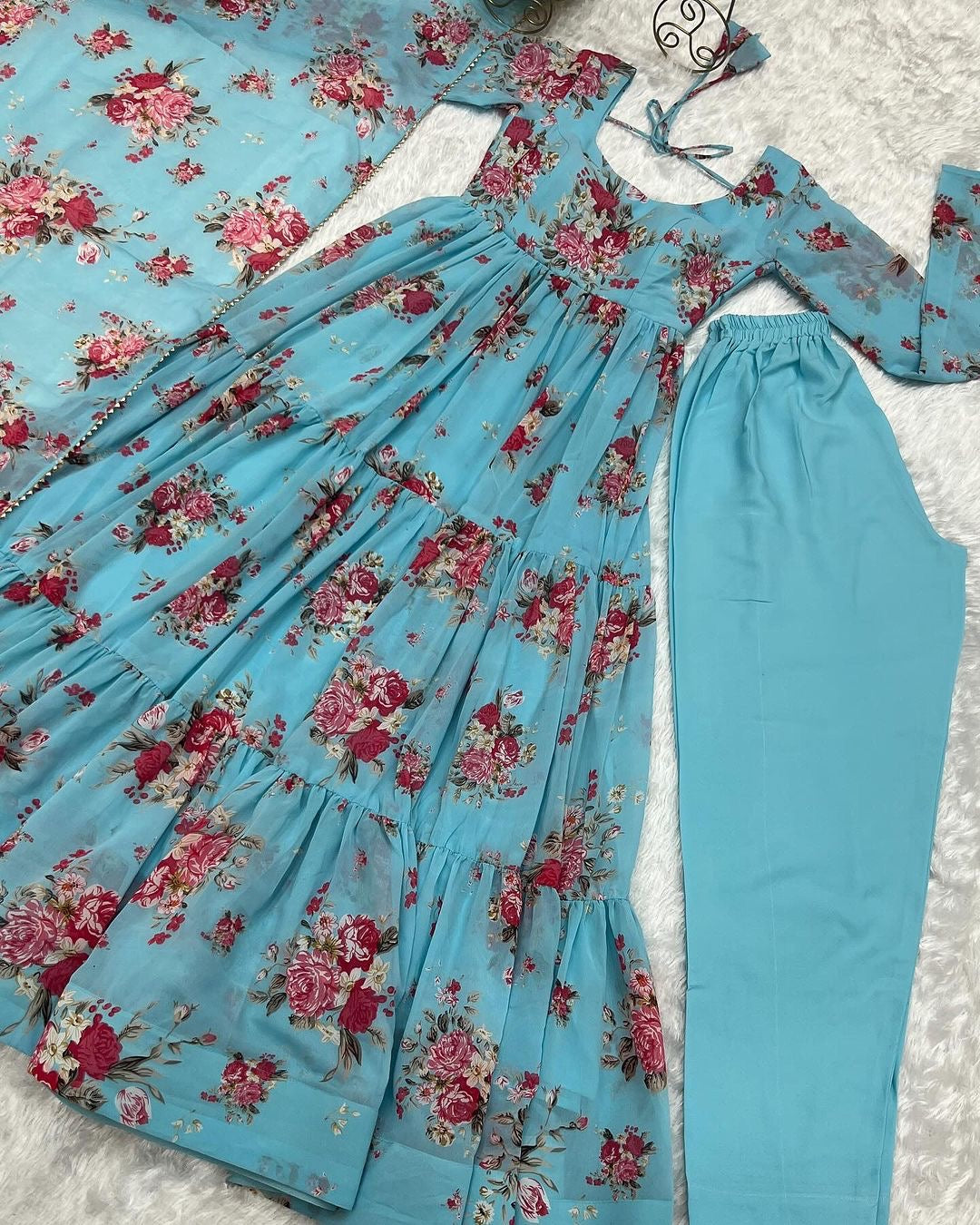 SKY BLUE FLORAL 3-LAYER GEORGETTE GOWN WITH DUPATTA