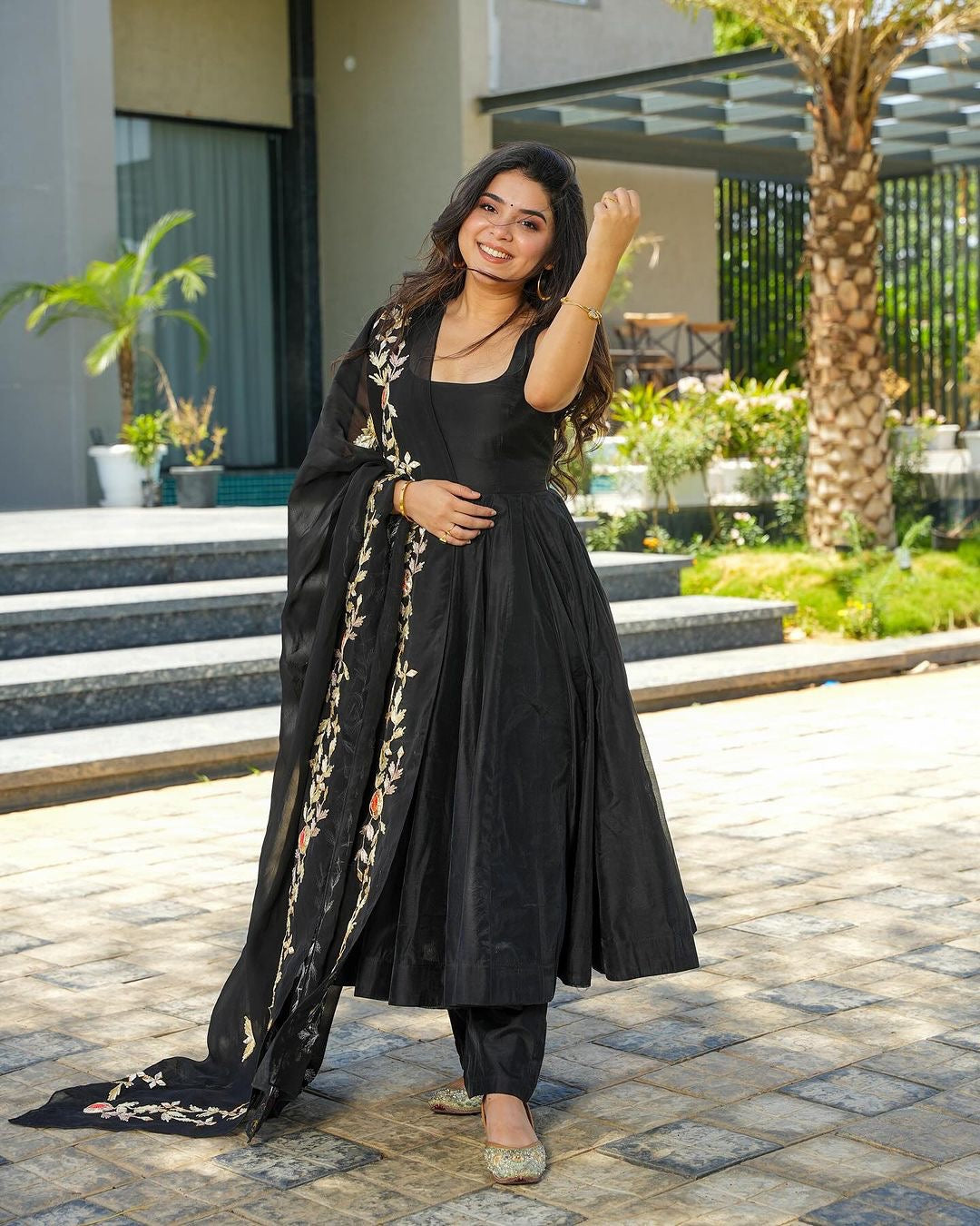 GLORIOUS BLACK COLOR GEORGETTE BASE DESIGNER LOOK ANARKALI SUIT WITH CHURIDAR AND EMBROIDERY WORK DUPPATA SET OF 3