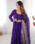 PURPLE ROMAN SILK FOUR-LAYER ANARKALI GOWN SET