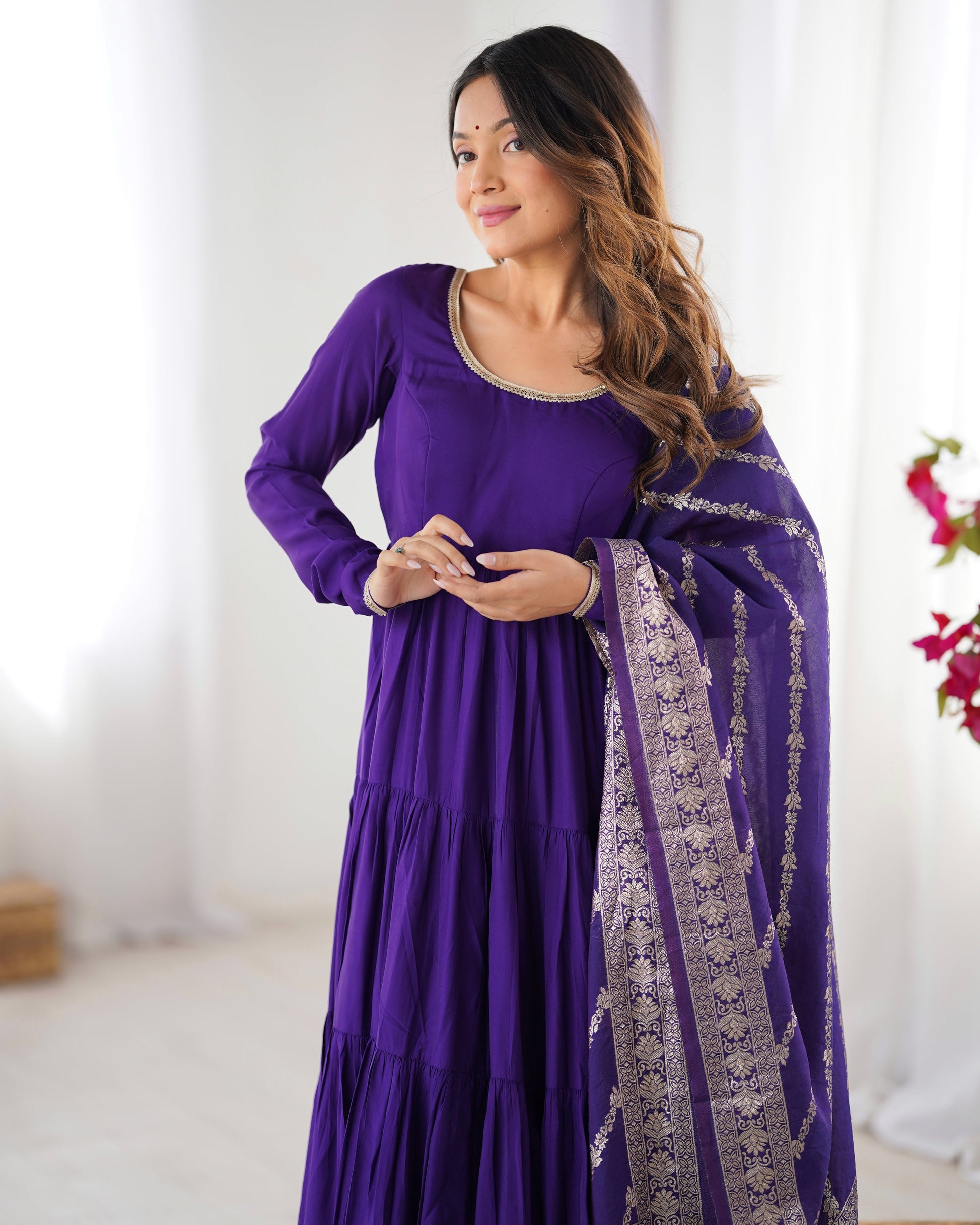 PURPLE ROMAN SILK FOUR-LAYER ANARKALI GOWN SET