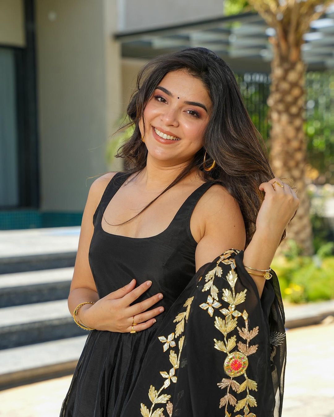 GLORIOUS BLACK COLOR GEORGETTE BASE DESIGNER LOOK ANARKALI SUIT WITH CHURIDAR AND EMBROIDERY WORK DUPPATA SET OF 3