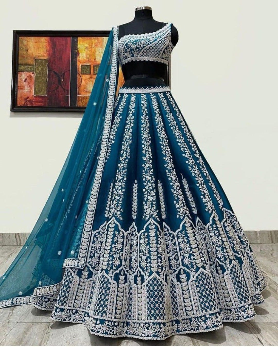 EXQUISITE DEEP SEA BLUE COLORED CHINON FABRIC DESIGNER LEHENGA CHOLI