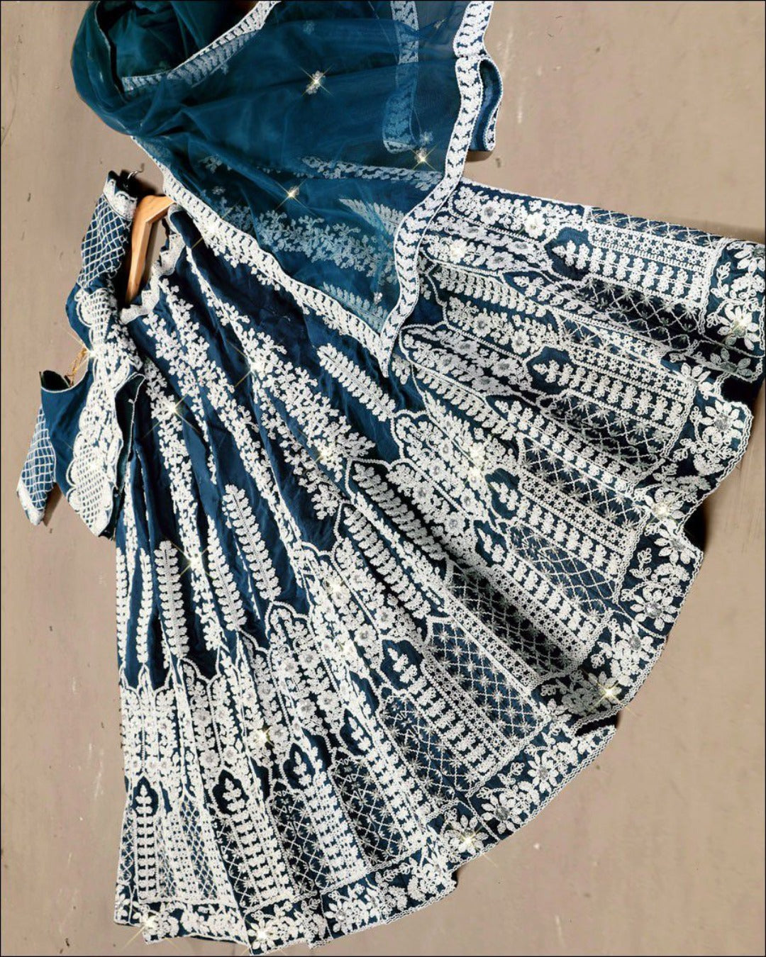 EXQUISITE DEEP SEA BLUE COLORED CHINON FABRIC DESIGNER LEHENGA CHOLI