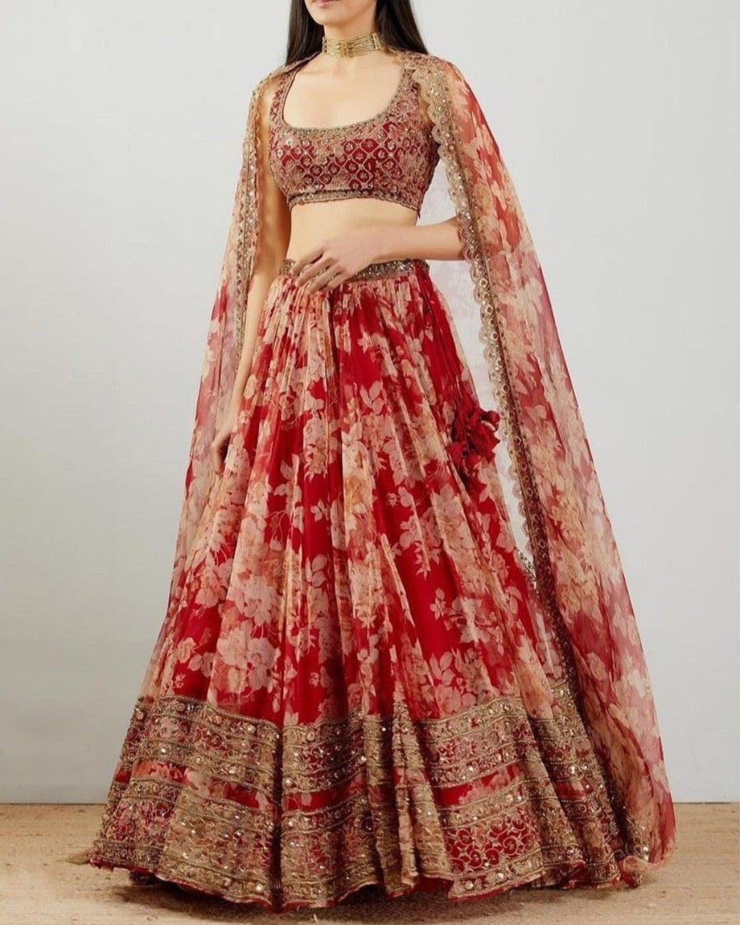 GLITZY LOOK RED COLOR ORGANZA FABRIC SEQUINS WORK PRINTED LEHENGA CHOLI