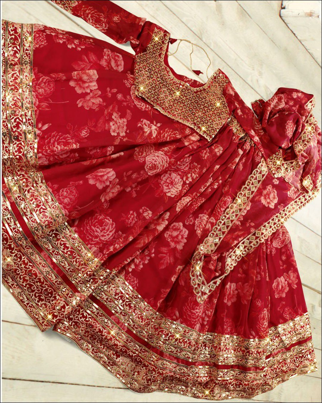 GLITZY LOOK RED COLOR ORGANZA FABRIC SEQUINS WORK PRINTED LEHENGA CHOLI