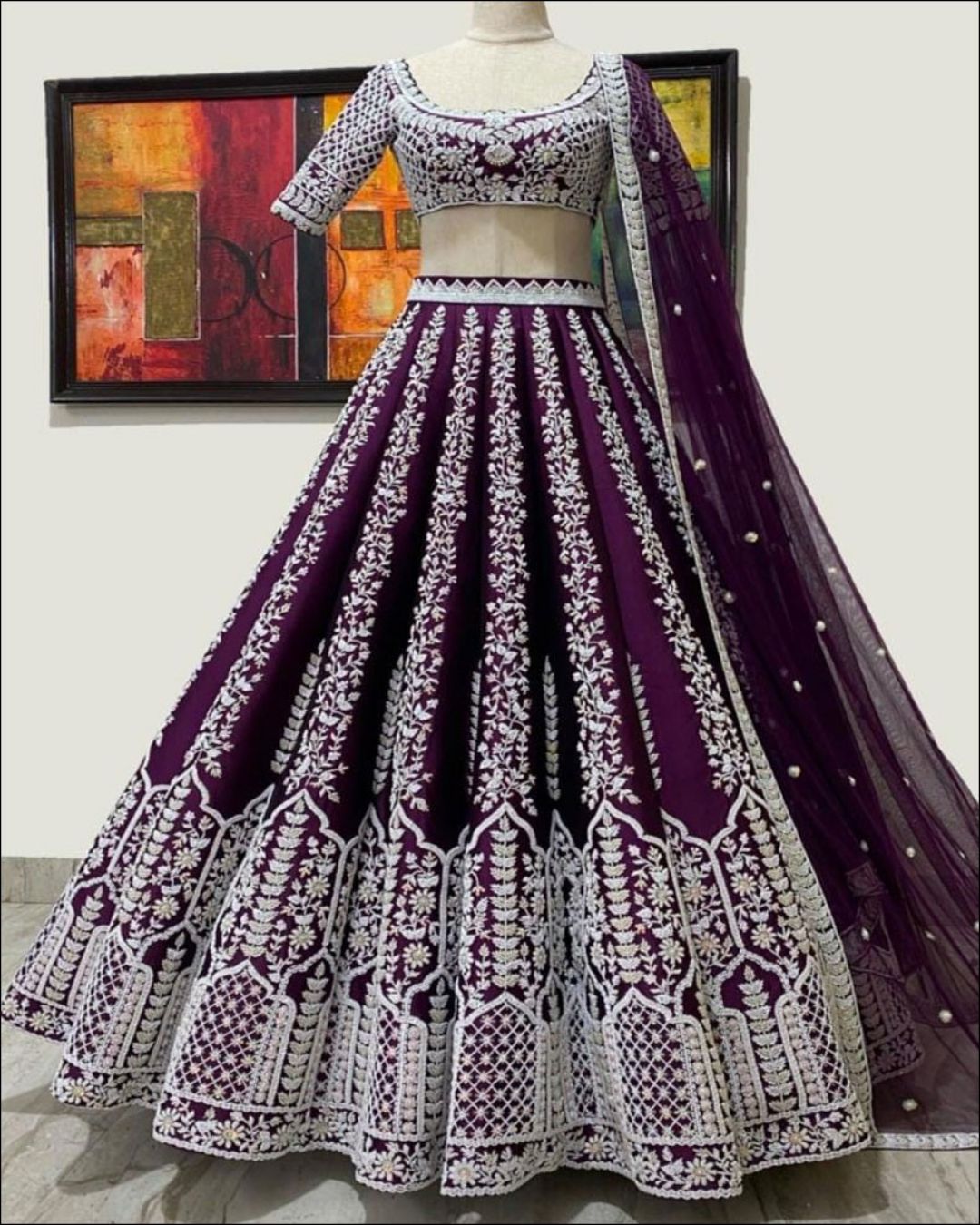 EXQUISITE WINE COLORED CHINON FABRIC DESIGNER LEHENGA CHOLI