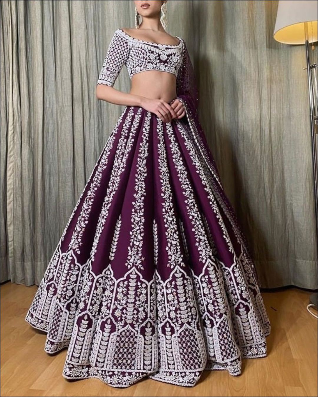 EXQUISITE WINE COLORED CHINON FABRIC DESIGNER LEHENGA CHOLI