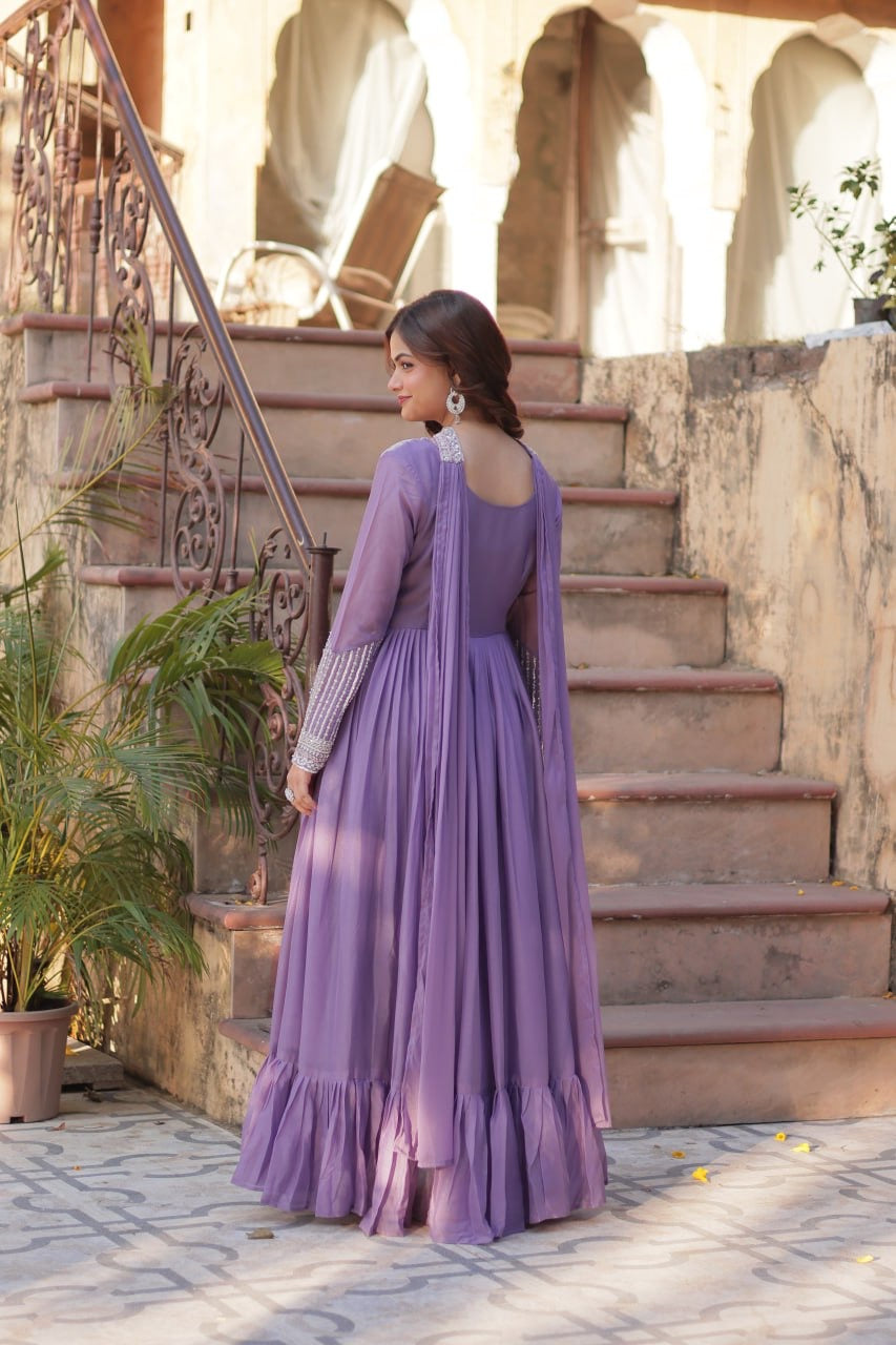 LAVENDER COLOR STAR GEORGETTE EMBROIDERED GOWN