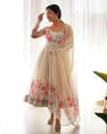 FLORAL ELEGANCE: CREAM COLOR FLOWER PRINT ANARKALI WITH ZARI WORK AND DUPATTA