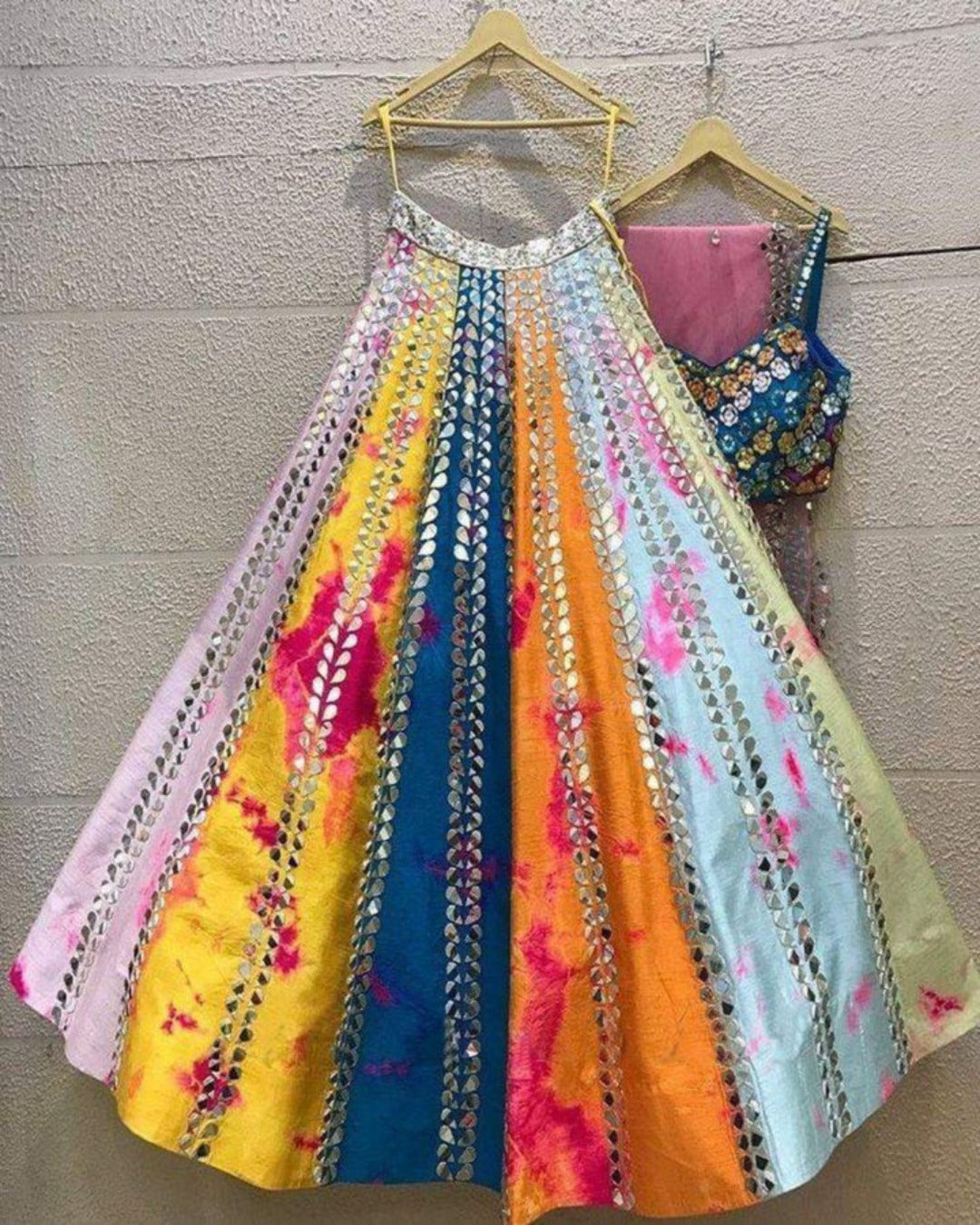 GORGEOUS MULTI COLOR SATIN FABRIC MIRROR WORK LEHRENGA CHOLI WITH DUPATTA