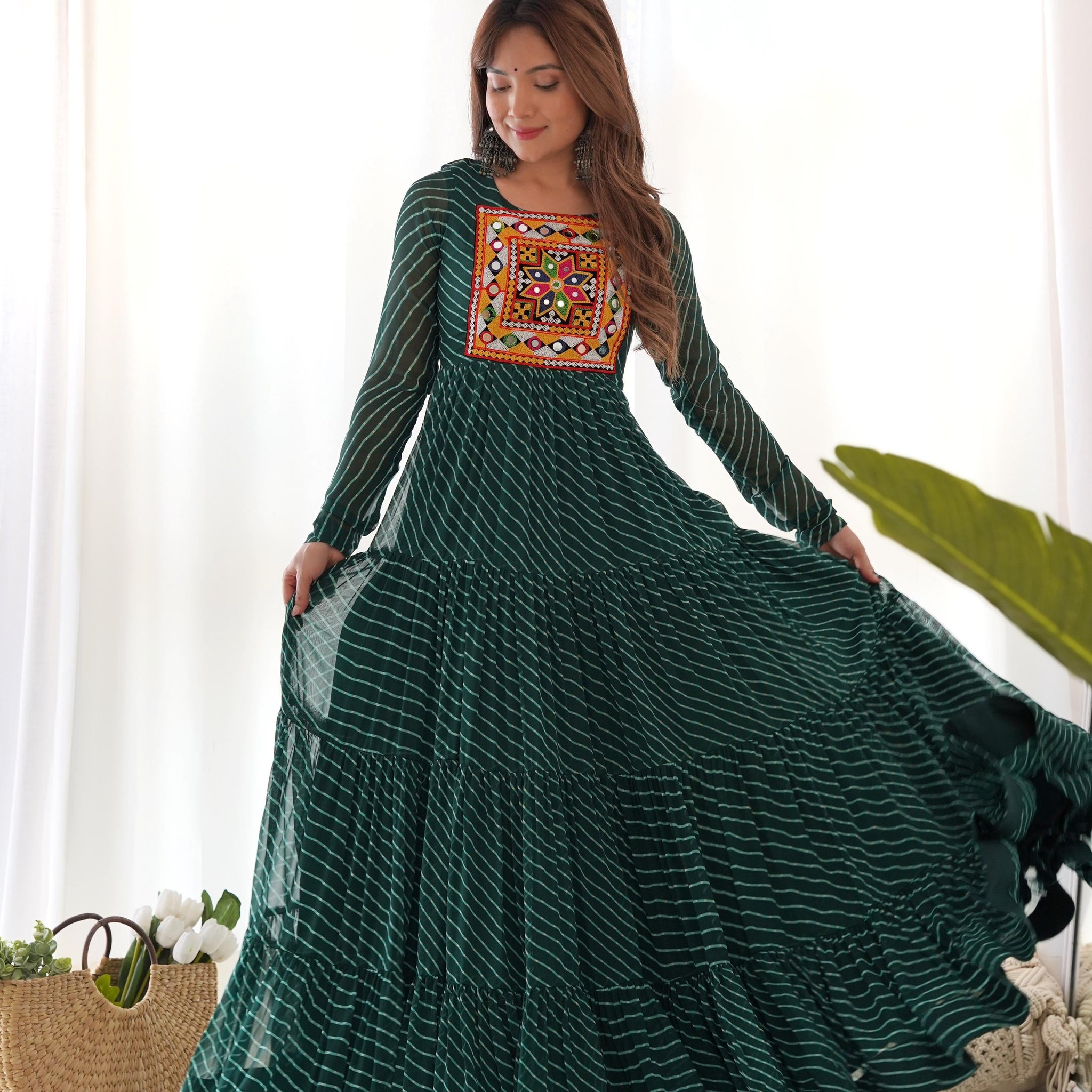 BOTTLE GREEN PURE SOFT FOX GEORGETTE ANARKALI GOWN WITH HUGE FLAIR