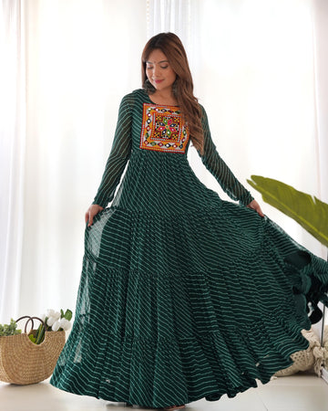 BOTTLE GREEN PURE SOFT FOX GEORGETTE ANARKALI GOWN WITH HUGE FLAIR