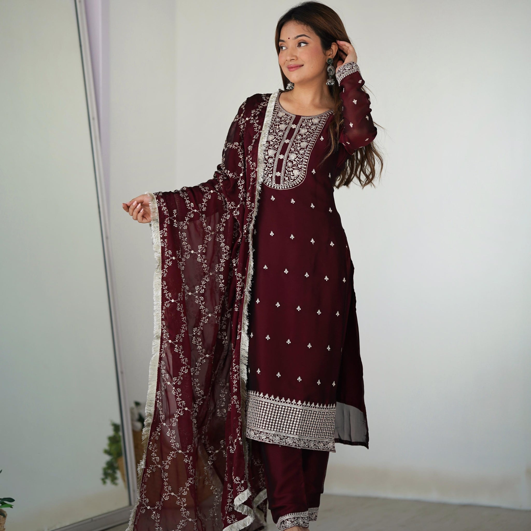 MAROON PURE BLOOMING RANGOLI SILK KURTA SUIT SET WITH DUPATTA & PANT