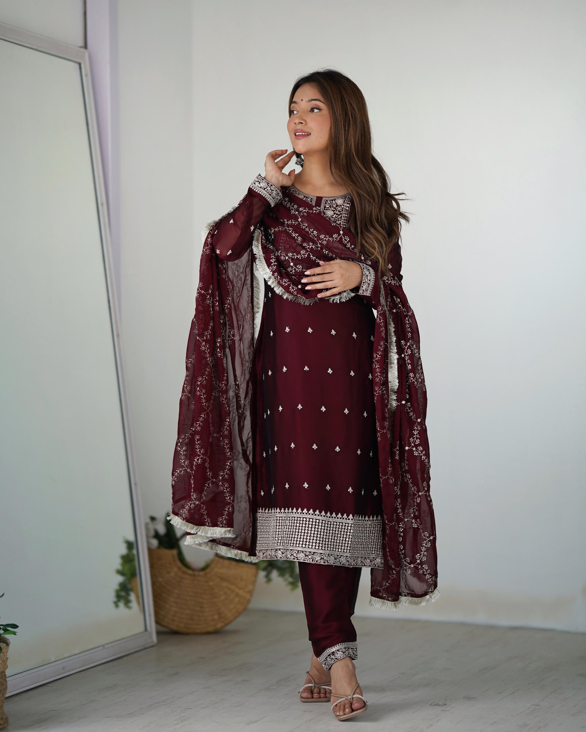 MAROON PURE BLOOMING RANGOLI SILK KURTA SUIT SET WITH DUPATTA & PANT