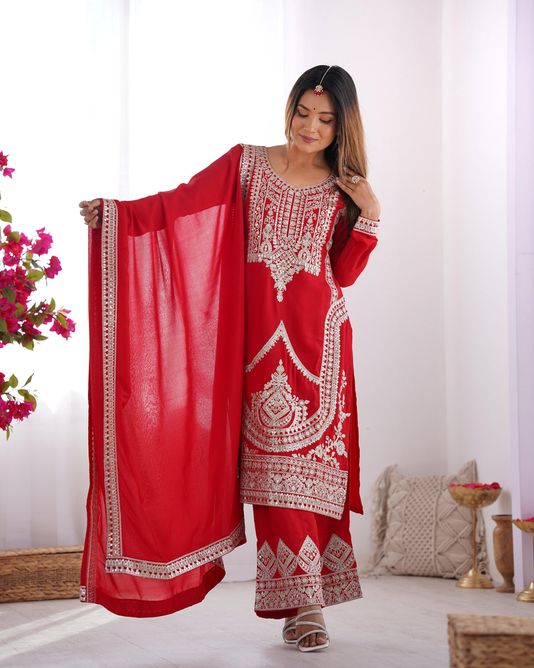 RED PURE VICHITRA SILK KURTA SUIT SET WITH DUPATTA & PANT