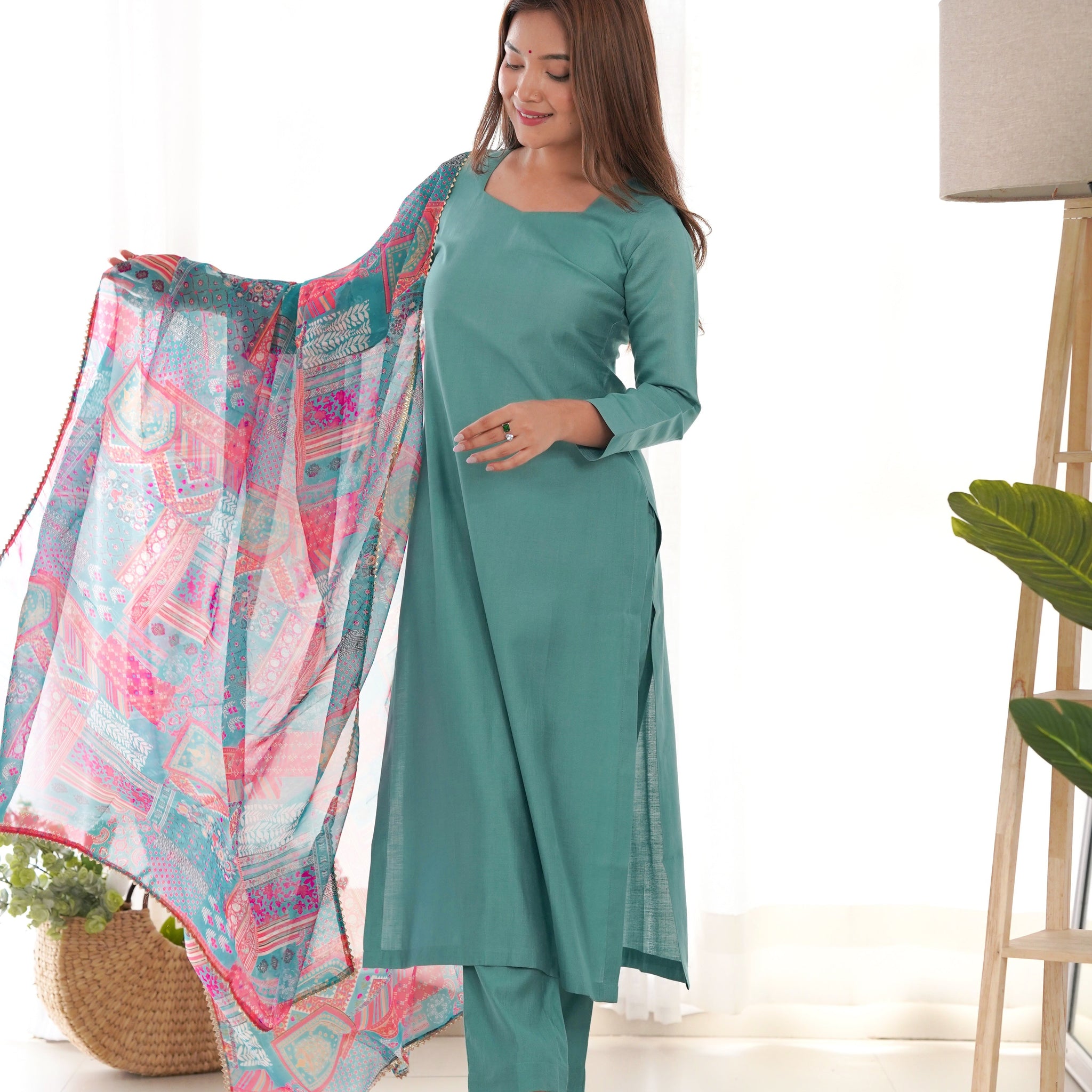 SEA GREEN PURE SOFT VISCOSE KURTA SUIT SET WITH DUPATTA & PANT