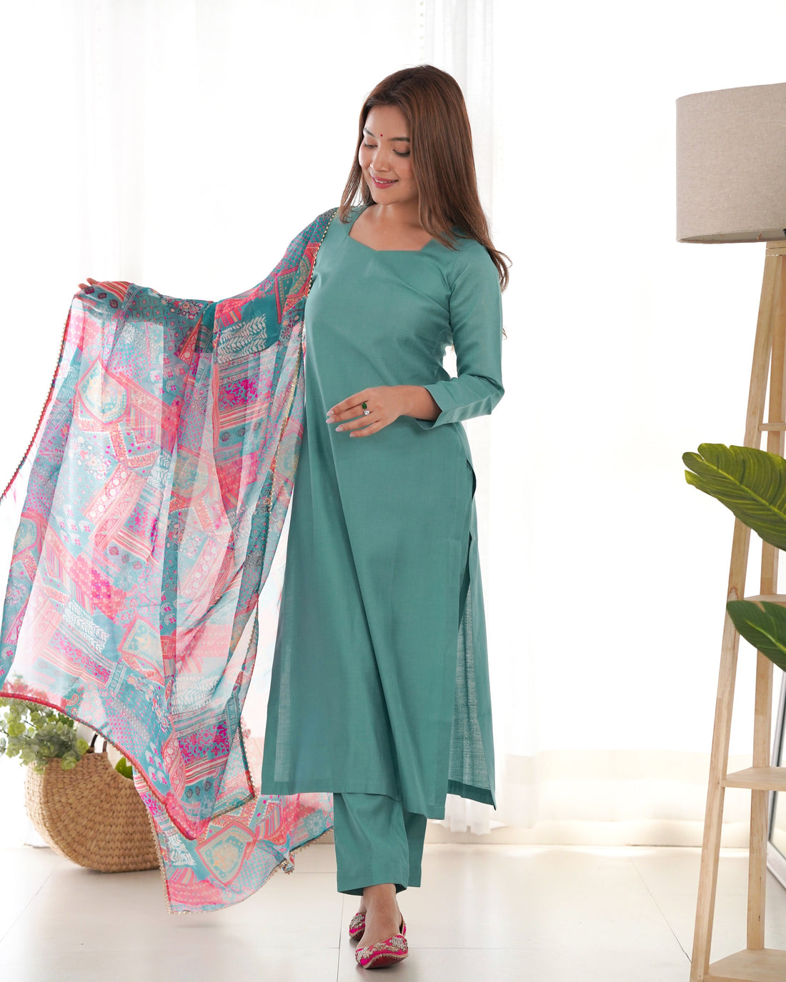 SEA GREEN PURE SOFT VISCOSE KURTA SUIT SET WITH DUPATTA & PANT