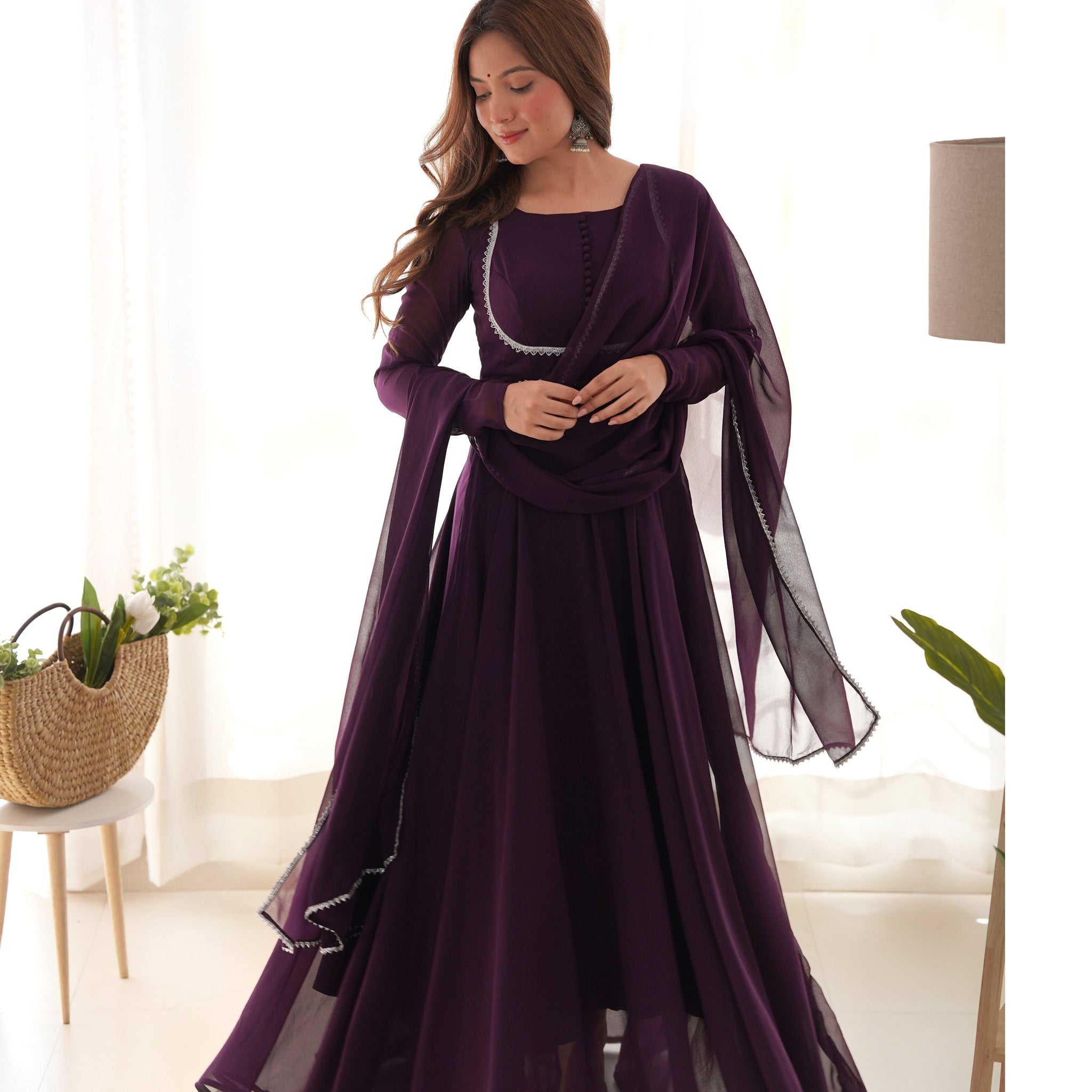 WINE PURE SOFT FOX GEORGETTE ANARKALI SUIT SET WITH HUGE FLAIR, DUPATTA & PANT