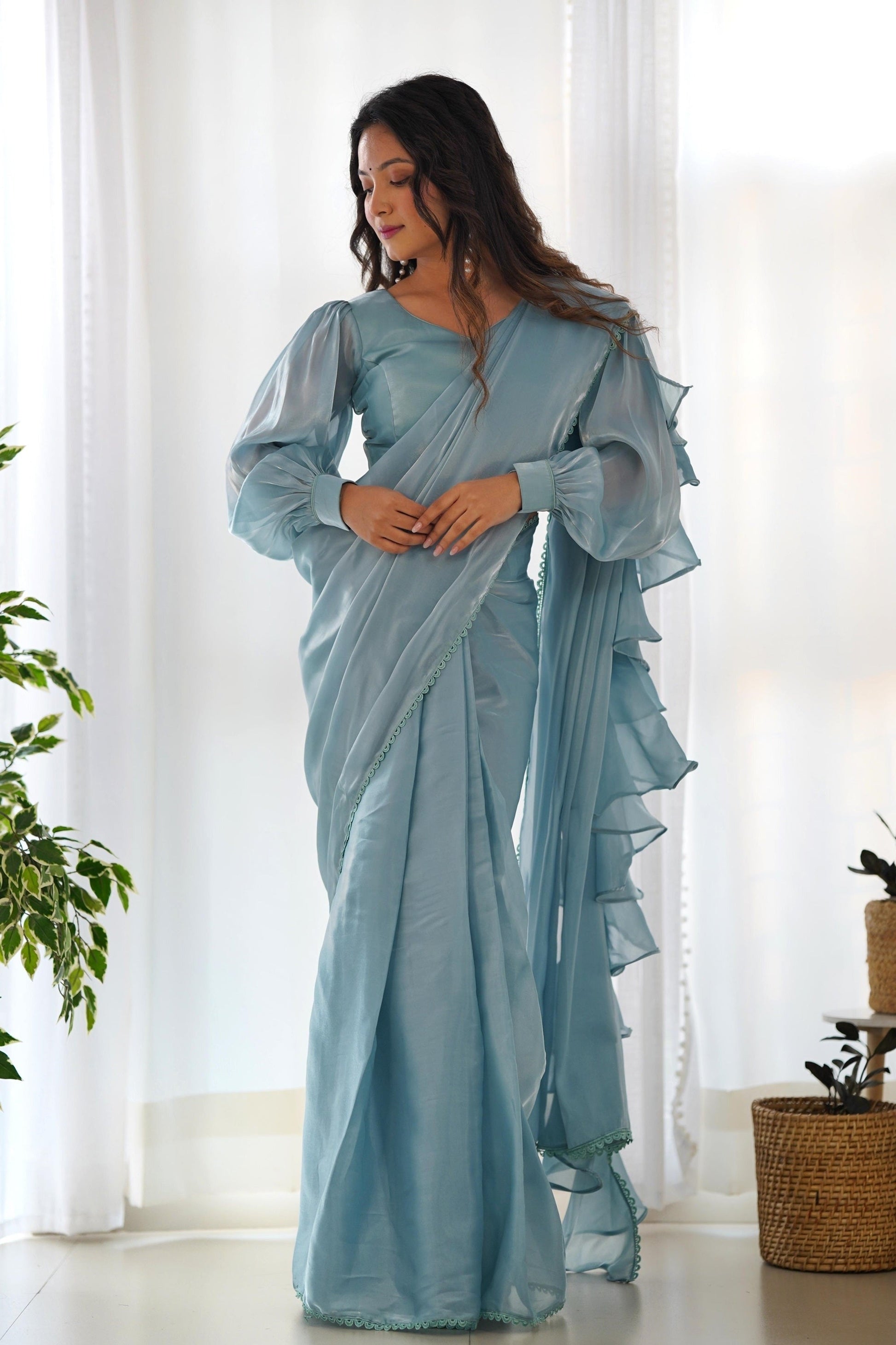 SKY BLUE READY-TO-WEAR SAREE WITH STITCHED BLOUSE IN LUXURIOUS JIMMY CHOO FABRIC