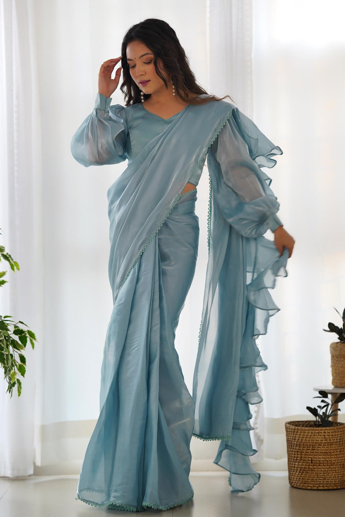 SKY BLUE READY-TO-WEAR SAREE WITH STITCHED BLOUSE IN LUXURIOUS JIMMY CHOO FABRIC