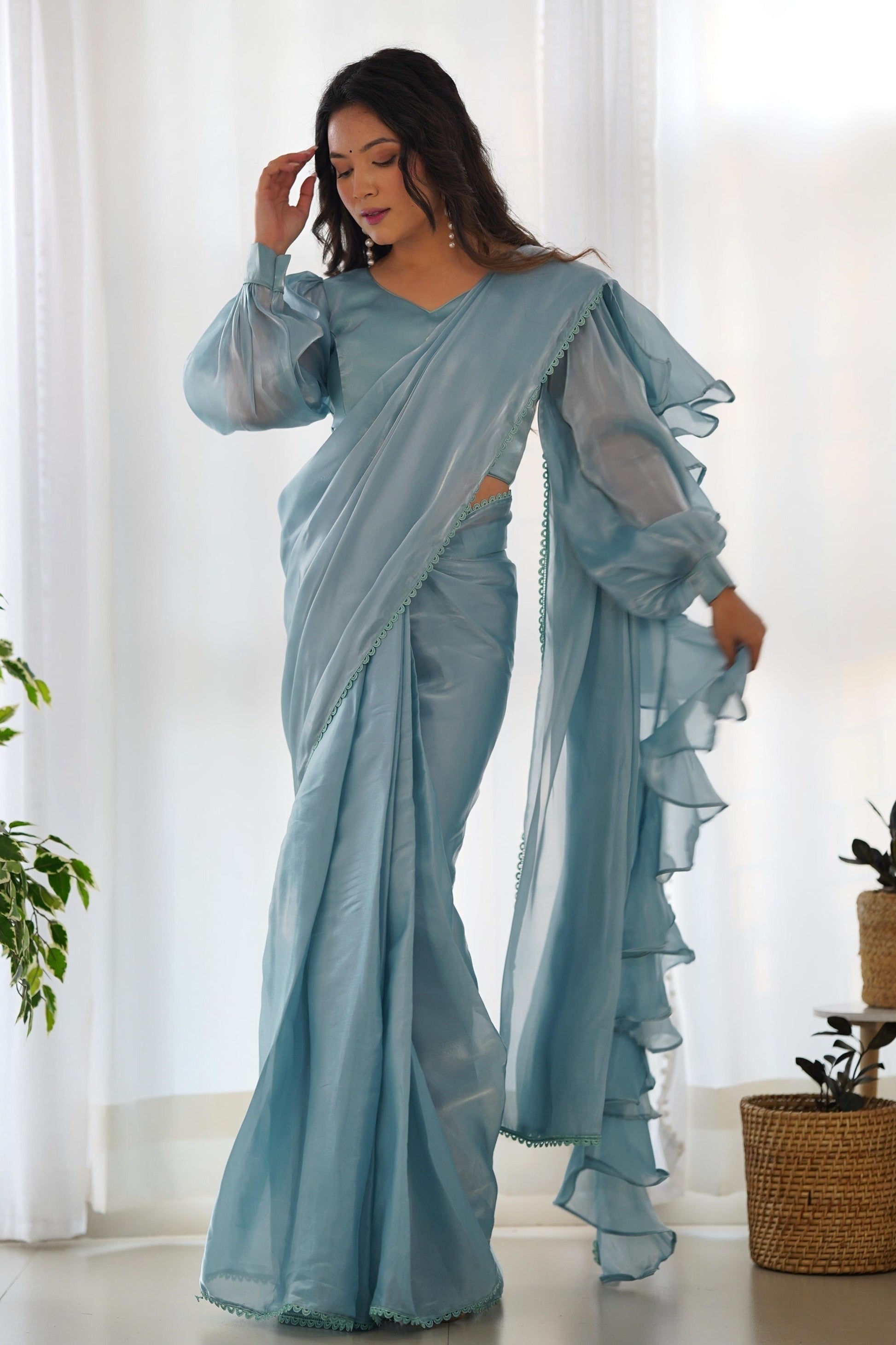 SKY BLUE READY-TO-WEAR SAREE WITH STITCHED BLOUSE IN LUXURIOUS JIMMY CHOO FABRIC