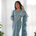 SKY BLUE READY-TO-WEAR SAREE WITH STITCHED BLOUSE IN LUXURIOUS JIMMY CHOO FABRIC