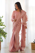 ELEGANT PINK JIMMY CHOO FABRIC READY-TO-WEAR SAREE WITH STITCHED BLOUSE