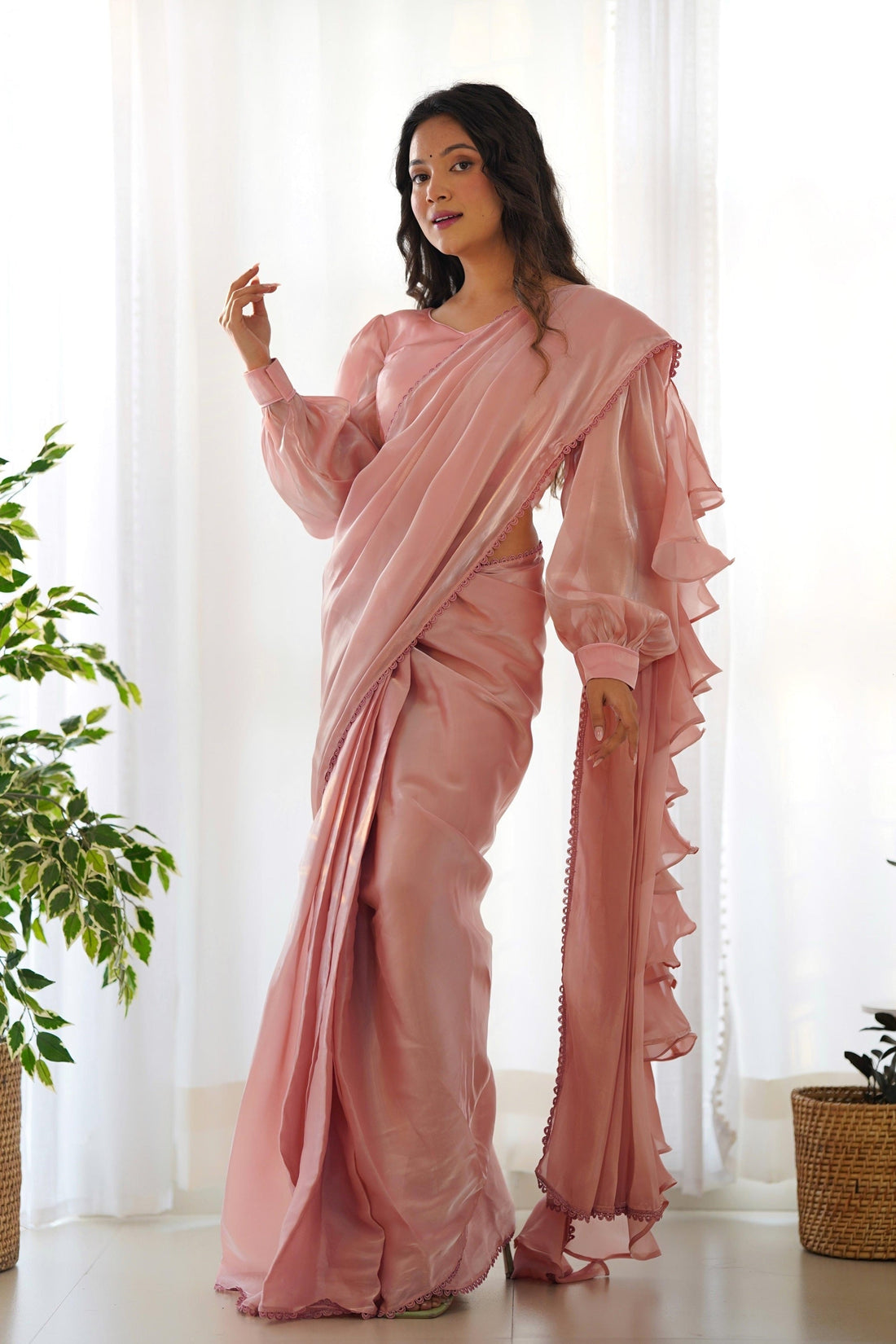 ELEGANT PINK JIMMY CHOO FABRIC READY-TO-WEAR SAREE WITH STITCHED BLOUSE