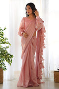 ELEGANT PINK JIMMY CHOO FABRIC READY-TO-WEAR SAREE WITH STITCHED BLOUSE