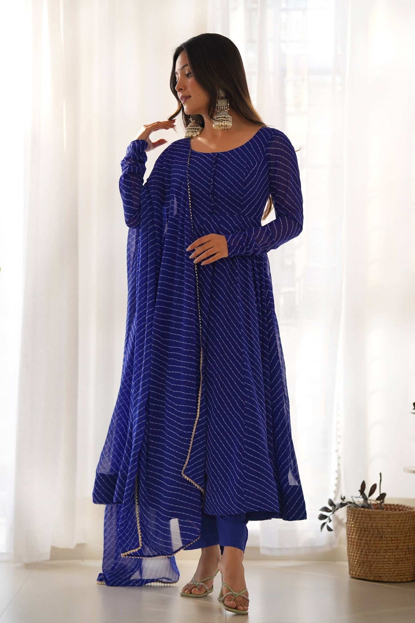 RICH ROYAL BLUE LEHERIYA PRINT GEORGETTE ANARKALI SUIT WITH DUPATTA