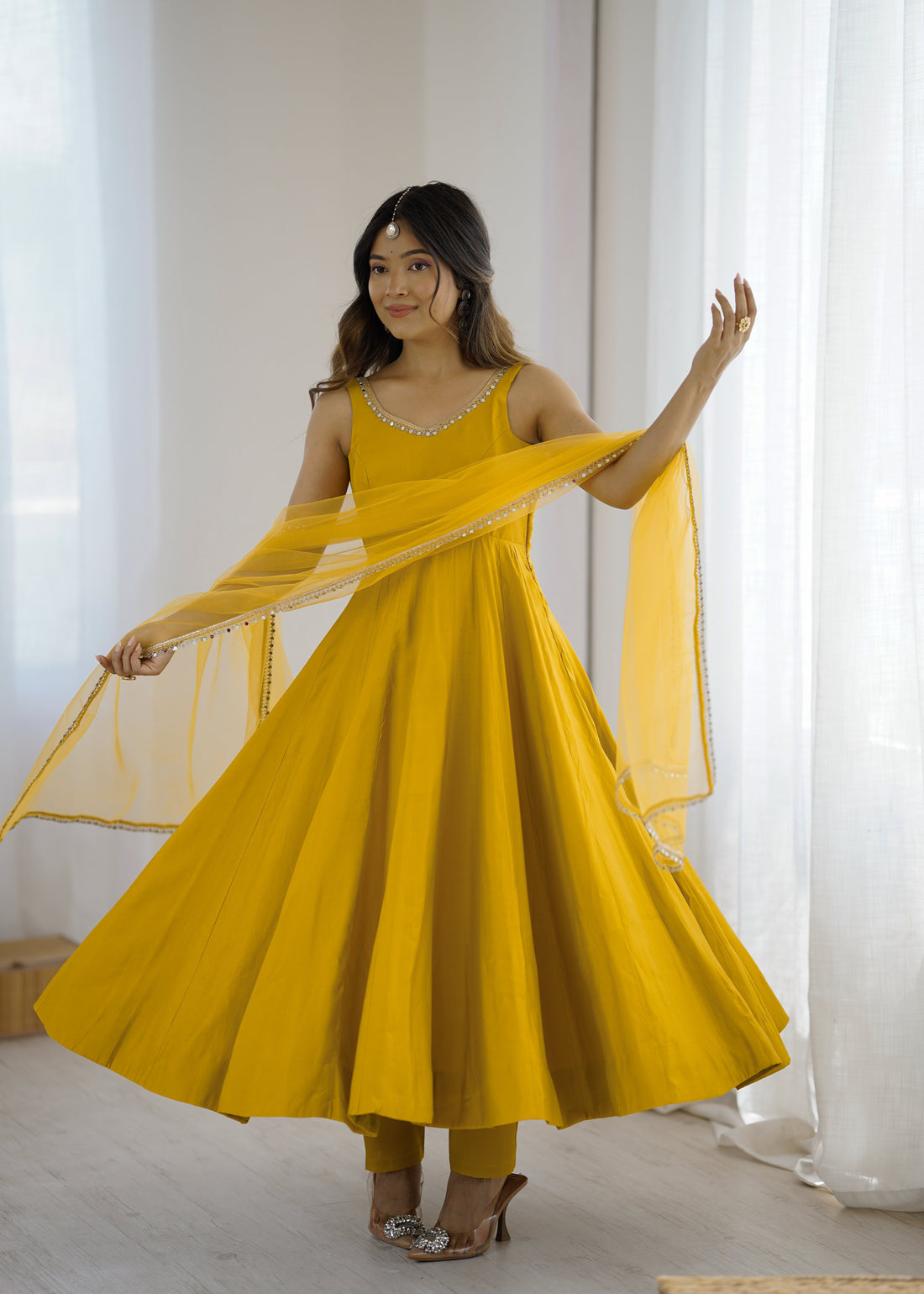 YELLOW ROMAN SILK ANARKALI SUIT SET