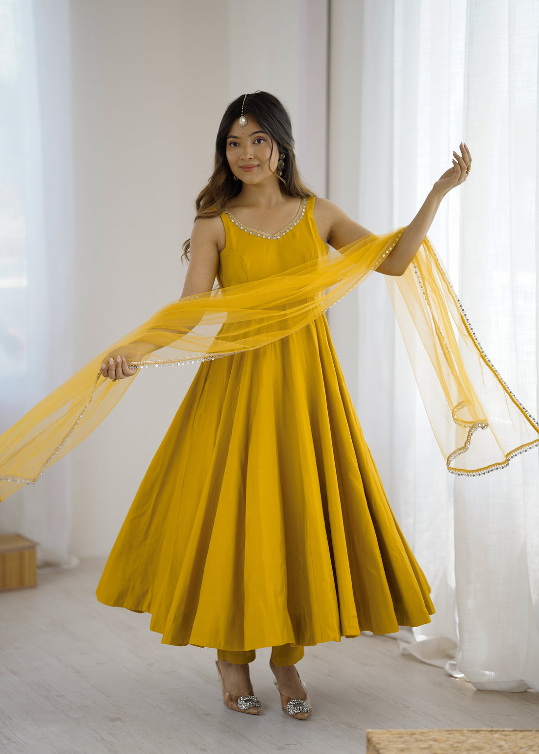 YELLOW ROMAN SILK ANARKALI SUIT SET